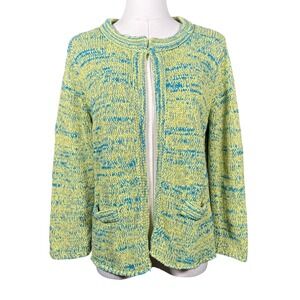 Outlander Womens Large Lime Green Teal Blue Metallic Lurex Open Front Cardigan